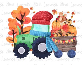 Kinder fallen als Png, Ernte-Kürbis-Traktor als Png, Herbst Jungen-Sublimationsdesigns herunterladen, Eichhörnchen-Traktor als Png, Thanksgiving-Kids als Png