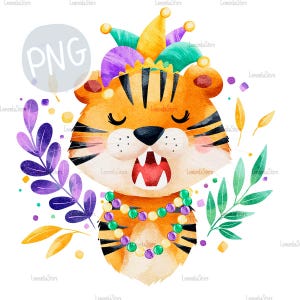 May include: A watercolor illustration of a tiger wearing a purple, green, and yellow jester hat and a purple and green beaded necklace. The tiger has its mouth open and is roaring. The background is a white background with purple, green, and yellow leaves.