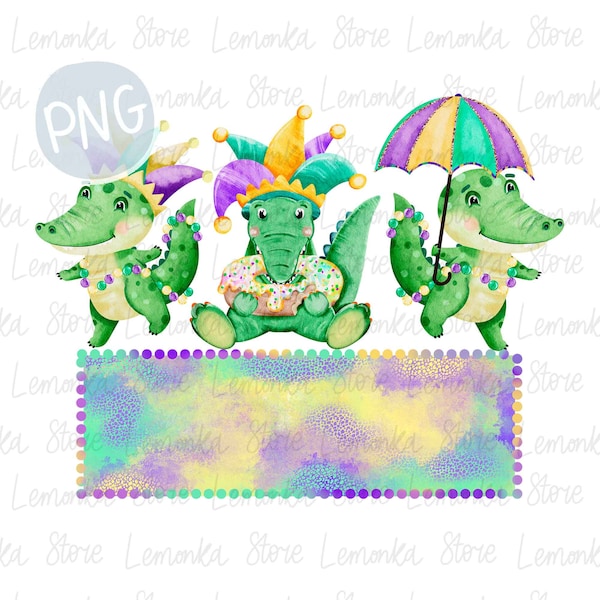 Mardi Gras custom name frame png, Kids Mardi Gras alligators trio sublimation design download, Watercolor Mardi Gras Alligator png