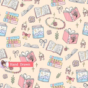 May include: A repeating pattern on a light peach background featuring hand-drawn illustrations of open books, stacks of colorful books, lit candles with bows, small roses, bows, and a beaded necklace with the text ONE MORE CHAPTER.