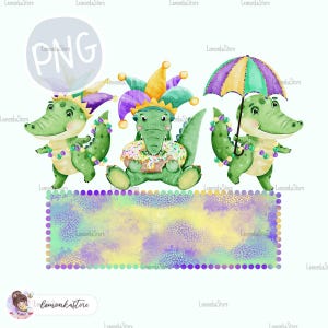 Cadre prénom personnalisé Mardi Gras pour enfants, PNG, trio d'alligators aquarelle, dessins par sublimation PNG, gâteau roi Louisiane pour tout-petits garçons et filles png