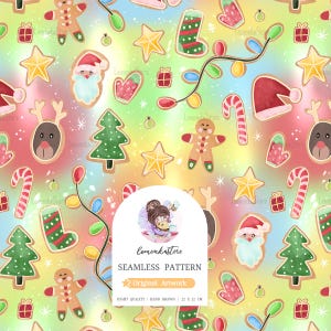 May include: A seamless pattern featuring a variety of Christmas cookie designs, including gingerbread men, reindeer, Santa Claus, candy canes, and Christmas trees. The cookies are depicted in a watercolor style on a colorful background with a rainbow gradient.