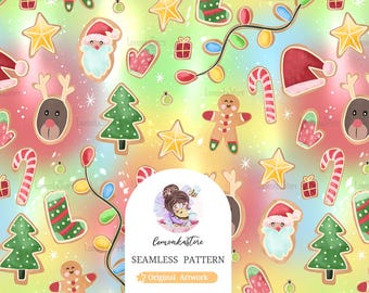 Peut inclure: Un motif sans couture représentant une variété de motifs de biscuits de Noël, notamment des hommes en pain d'épices, des rennes, le Père Noël, des cannes en sucre et des sapins de Noël. Les biscuits sont représentés dans un style aquarelle sur un fond coloré avec un dégradé arc-en-ciel.