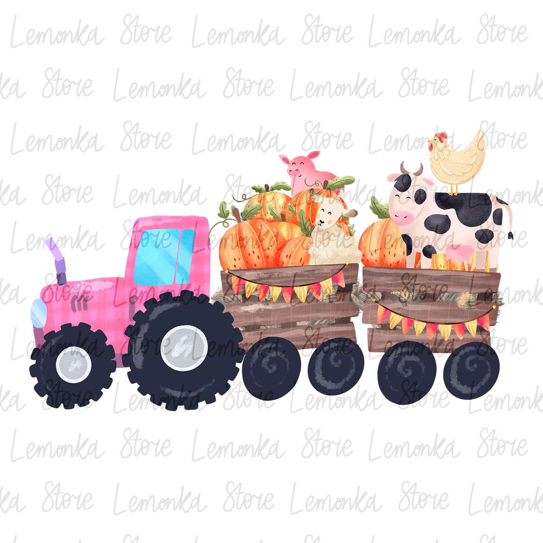 Fall Pink Pumpkin Tractor Png, Farm Animals Png, Girl Fall Sublimation ...