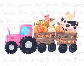 Herbst rosa Kürbis Traktor png, Bauernhof Tiere png, Mädchen Herbst Sublimationsdesign, Kinder Herbst digitaler Download, Bauernhaus Herbst PNG