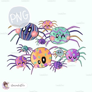 Halloween bunte kleine Spinnen PNG, Spooky Season Sublimation Design Download, Süßes oder Saures Clipart