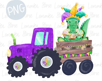 Mardi Gras Alligator on tractor PNG, Kids Louisiana Carnival Tshirt Design, King Cake Clipart