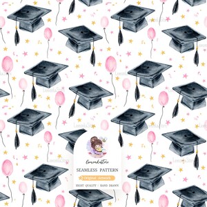 Könnte beinhalten: Ein nahtloses Muster mit Aquarell-Abschlusskappen, rosa Luftballons und goldenen Sternen auf weißem Hintergrund. Die Kappen haben schwarze Quasten. Das Design enthält den Text "SEAMLESS PATTERN" und "Original Artwork".
