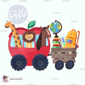 León Jirafa Caballo Preescolar Manzana Tractor png, Jardín de infantes PNG, Diseño de sublimación de regreso a la escuela, Guardería Safari Animales Camión Clipart