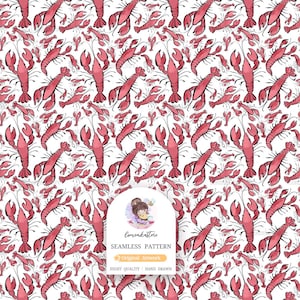 Puede incluir: Un patrón sin costuras que presenta un diseño repetitivo de langostas rojas con contornos negros sobre un fondo blanco. El patrón está etiquetado como "lemonkastore Seamless Pattern - Original Artwork - High Quality - Hand Drawn".