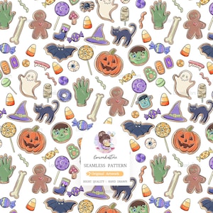 Peut inclure: Un motif sans couture avec des illustrations sur le thème d'Halloween. Le motif comprend des citrouilles, des fantômes, des chauves-souris, des chapeaux de sorcière, des bonbons et des bonhommes en pain d'épices. L'œuvre est de style dessin animé.