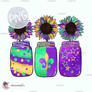 Mardi Gras zonnebloemen Jar Trio png, peutermeisje paars goud groen carnaval png sublimatie ontwerpen, aquarel Louisiana clipart