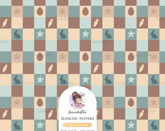 Tapeta w kratkę z wielkanocnym króliczkiem: pastelowe tło w stylu boho (do pobrania cyfrowego)