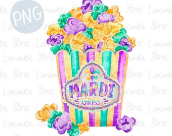 Colorful Mardi Gras Popcorn Bucket PNG: Kids Carnival Clipart, Fat Tuesday Sublimation