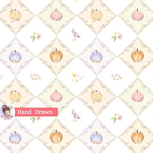 May include: A repeating pattern featuring diamond-shaped frames with watercolor pumpkins in shades of orange, pink, and blue, accented by small floral arrangements. A pink rectangular label with the white text Hand Drawn is visible.