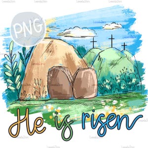 He is Risen png, religieuze paas-sublimatieontwerpdownload, lege tombe handgetekende clipart, christelijk paasfeest png