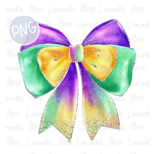 Mardi Gras Coquette Bow PNG, Louisiana Girl DTF Print, téléchargement de dessins en sublimation de la Nouvelle-Orléans, clipart carnaval aquarelle