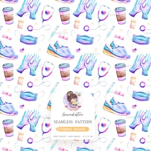 May include: A seamless pattern featuring a variety of healthcare and everyday items, including blue and purple medical gloves, a stethoscope, a face mask, a coffee cup, a syringe, a plaster, and a pair of blue and purple running shoes. The pattern is set against a white background.