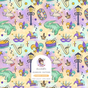 File di motivi senza soluzione di continuità ad acquerello di Mardi Gras, carta digitale Alligator Pelican Crawfish King Cake, sfondo Fleur de lis del carnevale della Louisiana