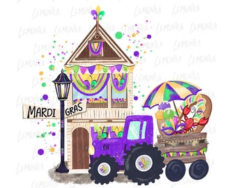 Mardi Gras Tractor PNG, Boy Carnival Sublimation Design (Digital File), Crawfish and King Cake Clipart