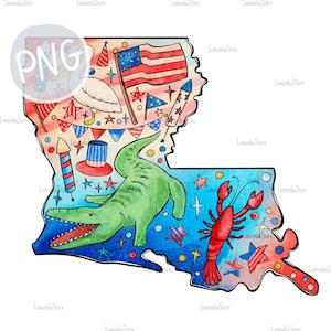 Louisiana 4. Juli PNG, Fourth of Juli Alligator Crawfish Pelican Sublimationsdesign Download, Patriotische Louisiana Zustandskarte PNG