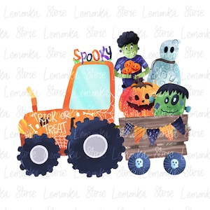 Kinderen Halloween-tractor, png, jongen Halloween Griezelige monsterpompoen kleine Frankenstein Ghost-sublimatieontwerpen, Trick or Treat-tas, png