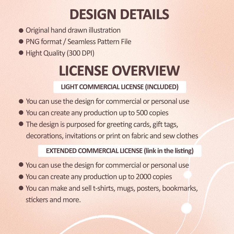 Peut inclure: Un graphique d'information num&eacute;rique sur fond p&ecirc;che doux d&eacute;taillant les sp&eacute;cifications de conception et les conditions de licence. Il &eacute;num&egrave;re des caract&eacute;ristiques comme une illustration originale, le format PNG et 300 DPI, ainsi que les licences commerciales.
