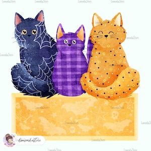 Trio de chats d'Halloween pour enfants PNG, Clipart pour tout-petits garçons et fille automne, aquarelle effrayante par sublimation téléchargement