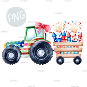Tracteur du 4 juillet Png, téléchargement de conception de sublimation de feu d'artifice patriotique pour enfants, clipart de ferme fille 4 juillet coquette arc, drapeau américain Png