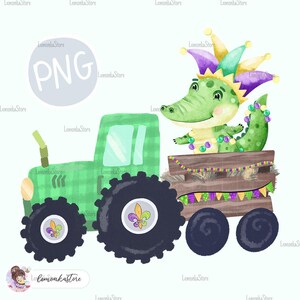 Kids Mardi Gras alligator tractor png, Watercolor Mardi Gras Animals png, Toddler boys Louisiana sublimation designs, Little girl DTF Prints