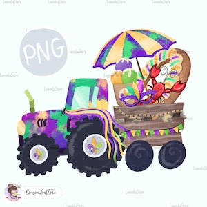 Mardi Gras-tractor voor kinderen png, peuterjongen Louisiana carnavalsvrachtwagen png sublimatieontwerpen, Little Girl Farm Crawfish king cake DTF-prints