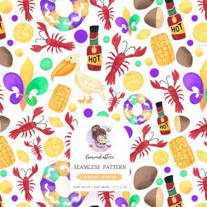 Mardi Gras Crawfish Boil Seamless Pattern File, Louisiana Fleur De Lis Lobster Pelican King Cake Corn Background, New Orleans Digital Paper