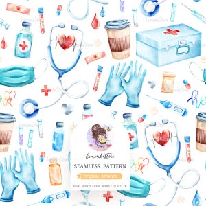 Sjuksköterska sömlös mönsterfil, utskrivbart medicinskt assistent digitalt scrapbookpapper, akvarell hälsovårdsdesign för tyg