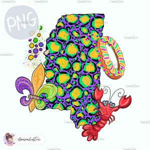 Mississippi Mardi Gras png, Cheetah print MS State Sublimation Designs, Watercolor King cake crawfish Fleur de lis DTF Prints Digital
