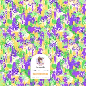 May include: A seamless pattern featuring a colorful abstract design with yellow, green, purple, and white paint splatters. The pattern is perfect for creating unique and eye-catching designs for fabric, wallpaper, and other creative projects.