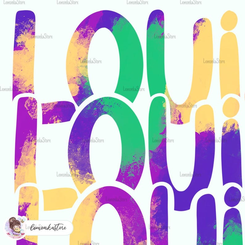 May include: A colorful graphic design with the word "LOUI" in a purple, green, and yellow color scheme. The letters are stylized and have a watercolor effect.