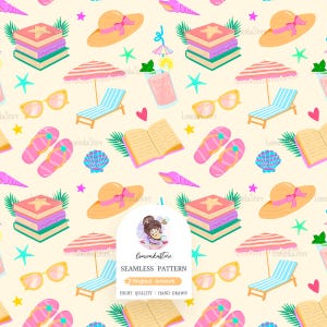 May include: A repeating pattern with beach holiday illustrations. The design includes books, sunglasses, a sun hat, a deckchair, flip-flops, a seashell, and a cocktail. The color scheme is soft, with pastel pinks, blues, and yellows.