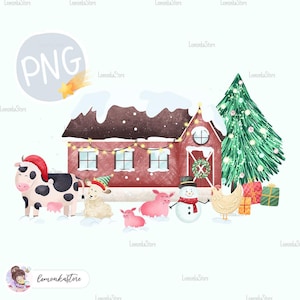 Grange de Noël animaux de la ferme png, Noël pour enfants PNG, conception de sublimation pour tout-petits garçon et fille, vacances vache poulet cochon et agneau DTF impressions