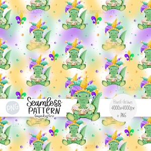 Mardi Gras Alligator King Cake Seamless Pattern, Mardi Gras Digital Paper, Louisiana Background seamless printable file