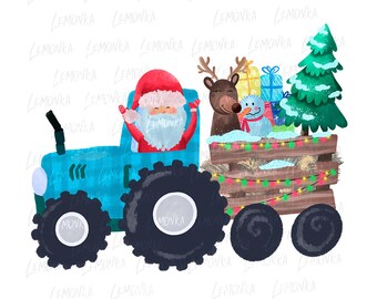 Christmas Santa on tractor PNG, Boy Christmas Truck Clipart, Kids Holiday Sublimation Design for T-shirt