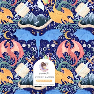 May include: Seamless pattern featuring dragons, swords, and celestial elements on a dark blue background. The design includes dragons in shades of orange, red, and blue, along with a white owl, mountains, and crescent moons. The text "comonkastore SEAMLESS PATTERN" is also present.