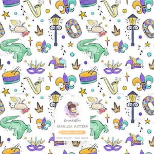 Puede incluir: Un patrón sin costuras con ilustraciones temáticas de Mardi Gras. El diseño incluye un caimán verde, un pelícano, notas musicales, un saxofón, un tambor, una flor de lis, un gorro de bufón, una máscara, una corona y una farola.