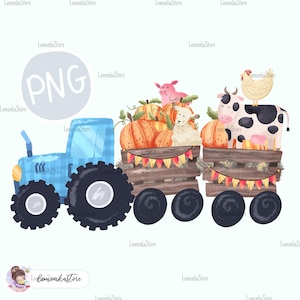 May include: A blue tractor pulls a wagon filled with pumpkins, a pink pig, a white lamb, a black and white cow, and a brown and white rooster. The wagon is decorated with orange, yellow, and red bunting.