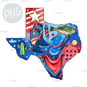 4 luglio Texas Png, disegno a sublimazione di stivali da cowboy, mappa dello stato del Texas con sfondo bandiera USA PNG, clipart patriottiche disegnate a mano per bambini