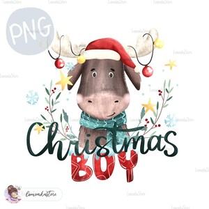 Junge Weihnachten Rentier PNG, süßer Elch mit Weihnachtslichter Png, Aquarell Hirsch Kranz Weihnachtsmütze Png Sublimation Designs herunterladen