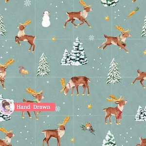 May include: A sage green fabric pattern featuring watercolor illustrations of brown reindeer with golden antlers, snow-covered pine trees, white snowmen, small yellow stars, and orange carrots. The text Hand Drawn is printed in white on a pink rectangle.