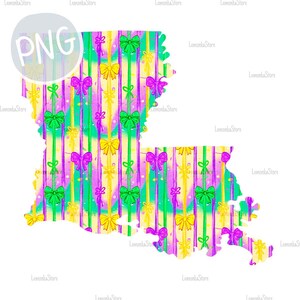 マルディグラ ルイジアナ コケット ボウ PNG、ニューオーリンズ PNG、カラフルなルイジアナ州の昇華デザイン、マルディグラ コケット DTF プリント