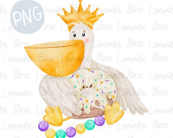 May include: A watercolor illustration of a pelican wearing a gold crown and holding a donut with sprinkles. The pelican is sitting on a string of purple and green beads.