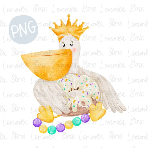 Mardi Gras Pelican with King Cake PNG, Watercolor Kids Carnival Clipart, Louisiana Pelican digital print for T-shirt