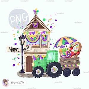 Kids Mardi Gras tractor png, Toddler boy Louisiana House PNG Sublimation Designs, Watercolor Little girl Farm King cake crawfish DTF Prints